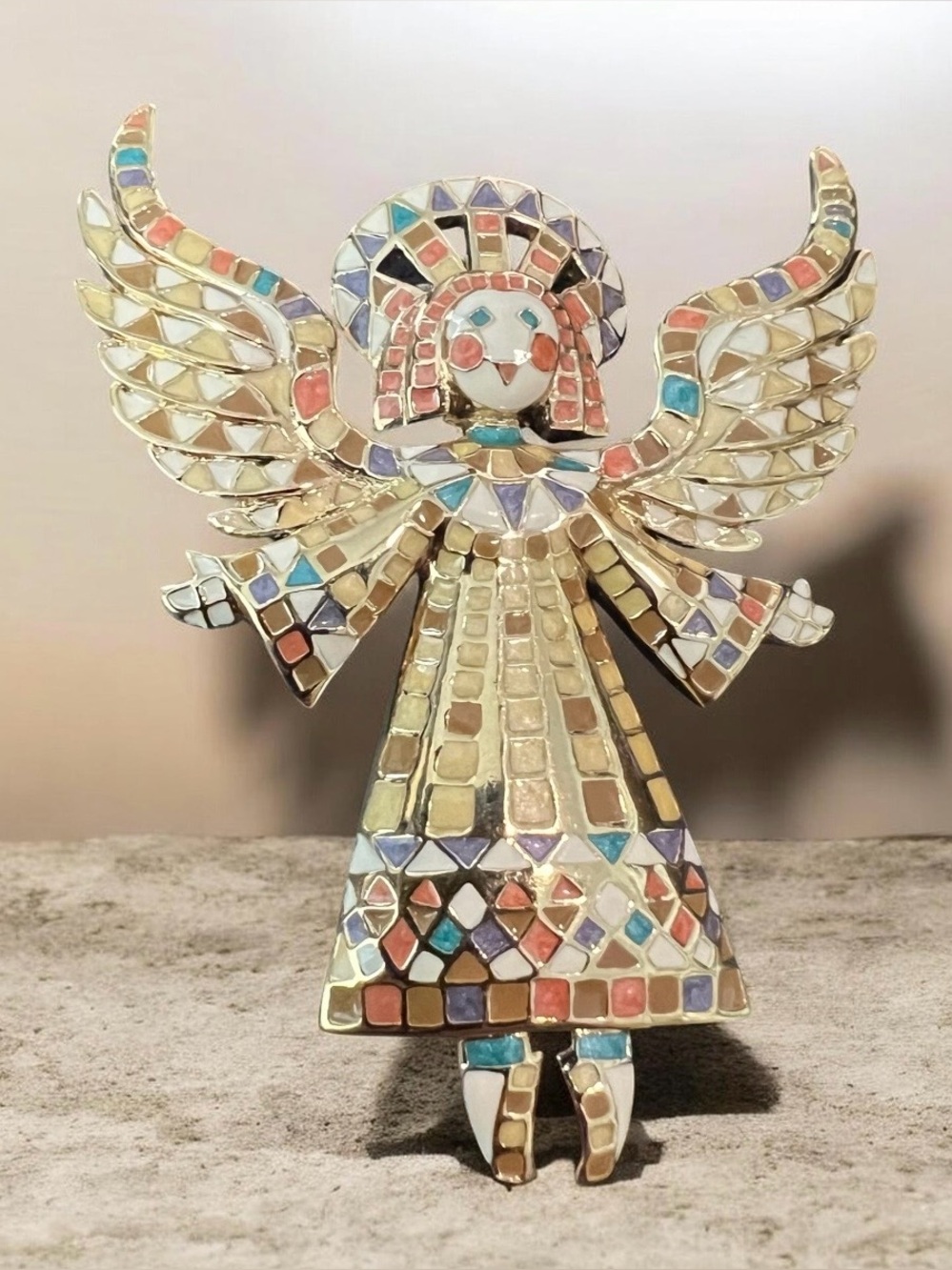 Vintage 1980s Bob Mackie Macke Enamel Mosaic Guardian Angel Pin Brooch.